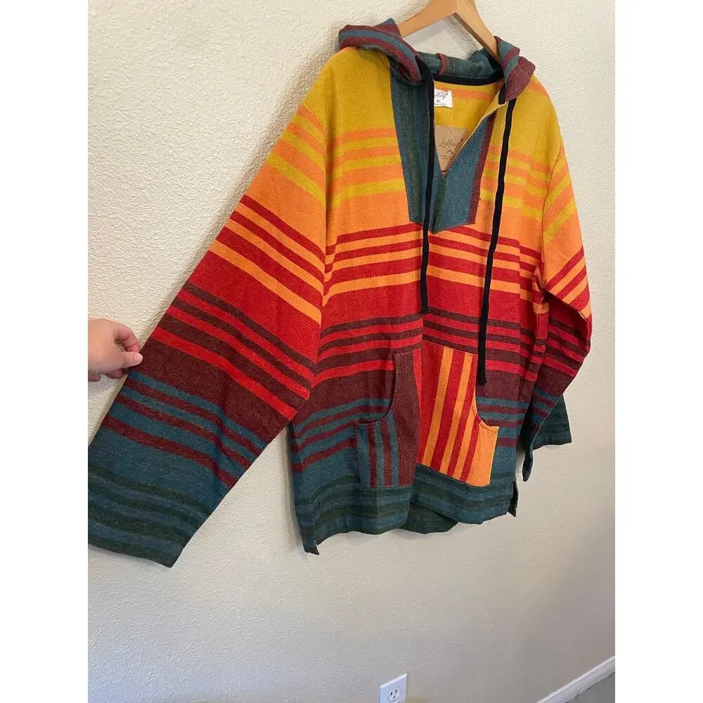NWT Lakhays Boho Multicolor Strip Beach Striped Hoodie Med/Lg Unisex Orange Blue